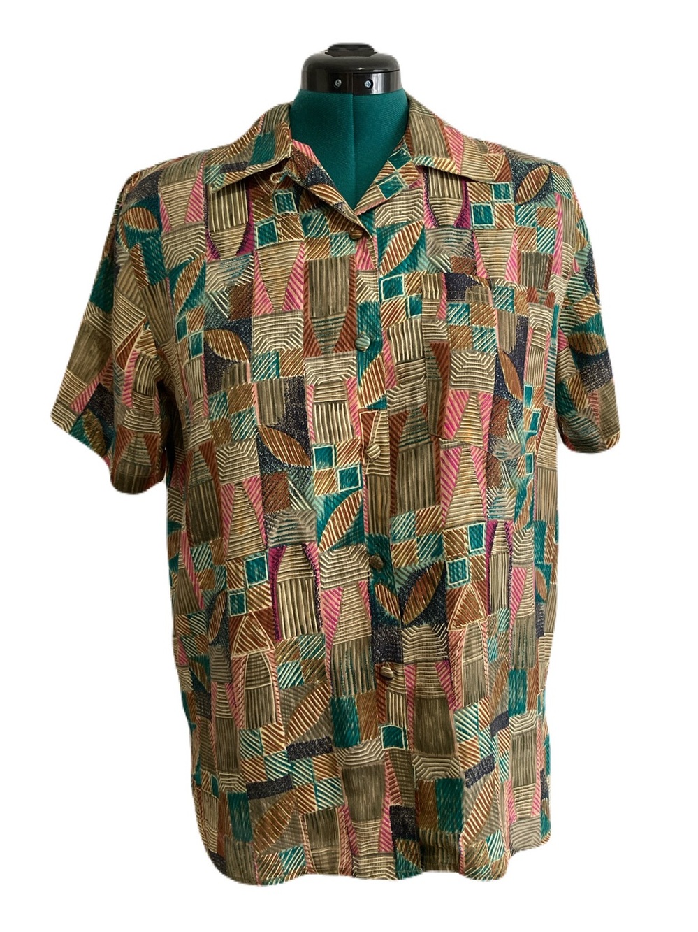 Vintage Quo-Silk Multicolored Linear Abstract Print 100% Silk Button Down Shirt